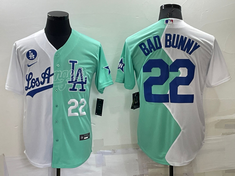 Men's Los Angeles Dodgers #22 Bad Bunny 2022 All-Star White/Green Cool Base Stitched Baseball Jersey Men's Los Angeles Dodgers #22 Bad Bunny 2022 All-Star White/Green Cool Base Stitched Baseball Jersey